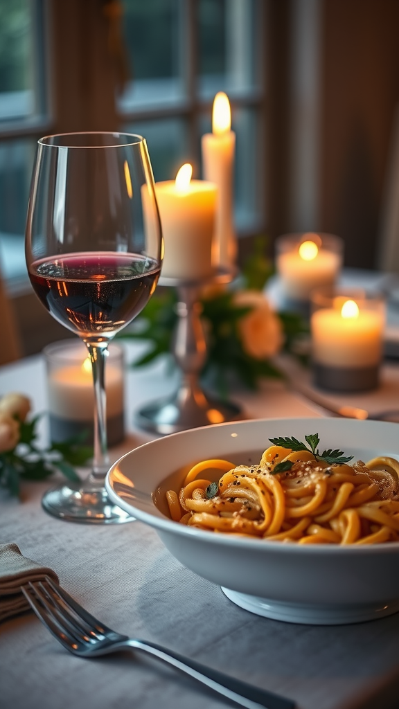 A beautifully set table with candlelight, a glass of red wine, and a bowl of pasta.