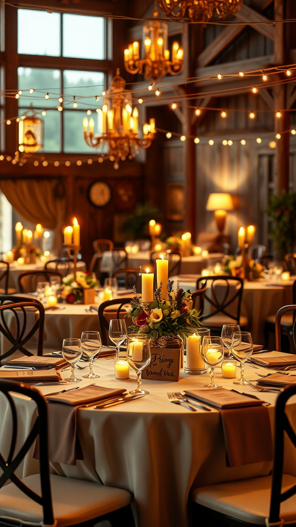 Candlelit reception tables for a cowboy wedding theme with floral arrangements and elegant table settings.