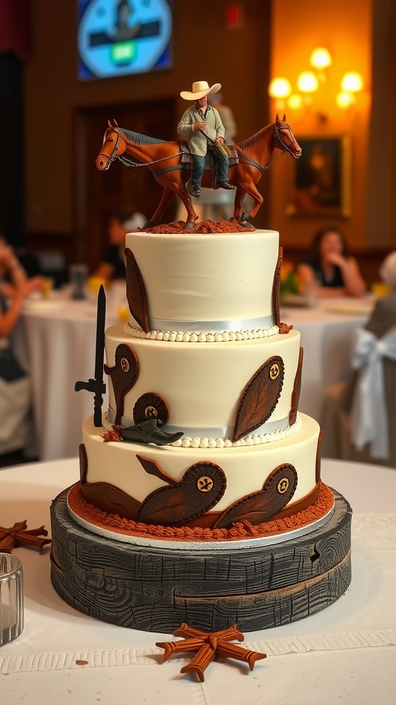 A beautifully designed cowboy wedding cake with a cowboy figurine on horseback, showcasing rustic details and western-themed decorations.