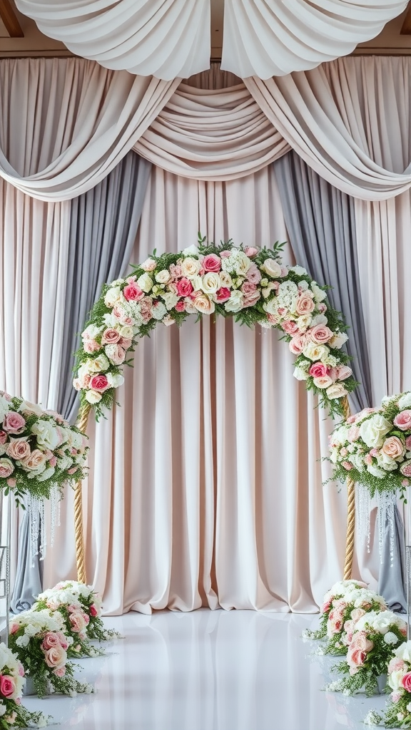 A beautifully arranged Rococo wedding ceremony backdrop featuring an arch of roses and soft draping fabrics.