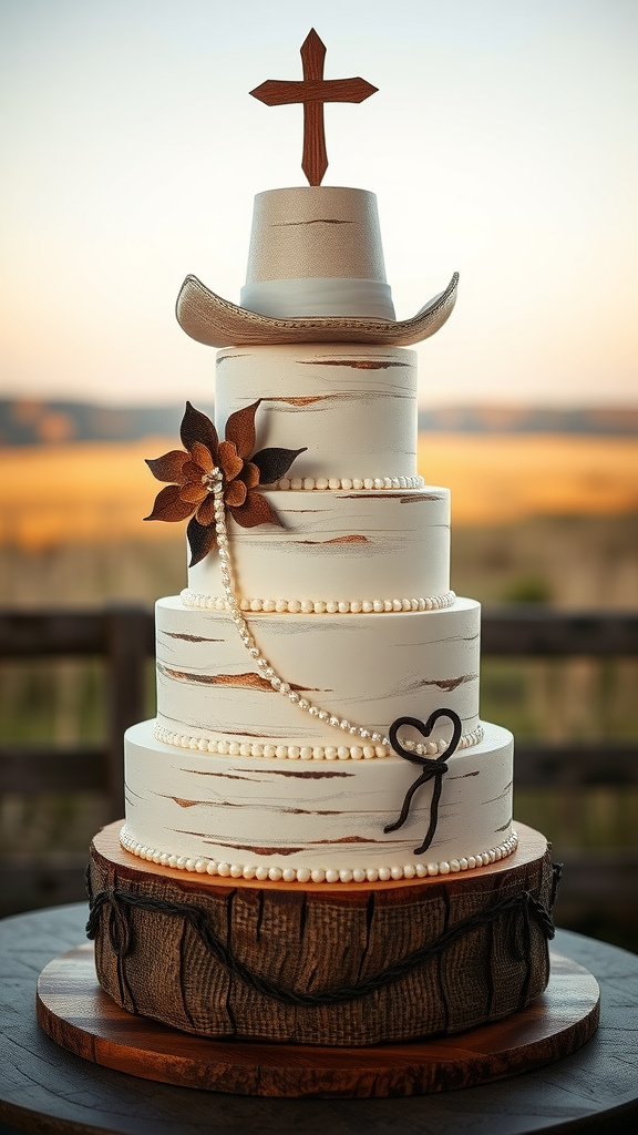 A beautifully designed cowboy wedding cake with a hat on top, pearls, and floral accents.