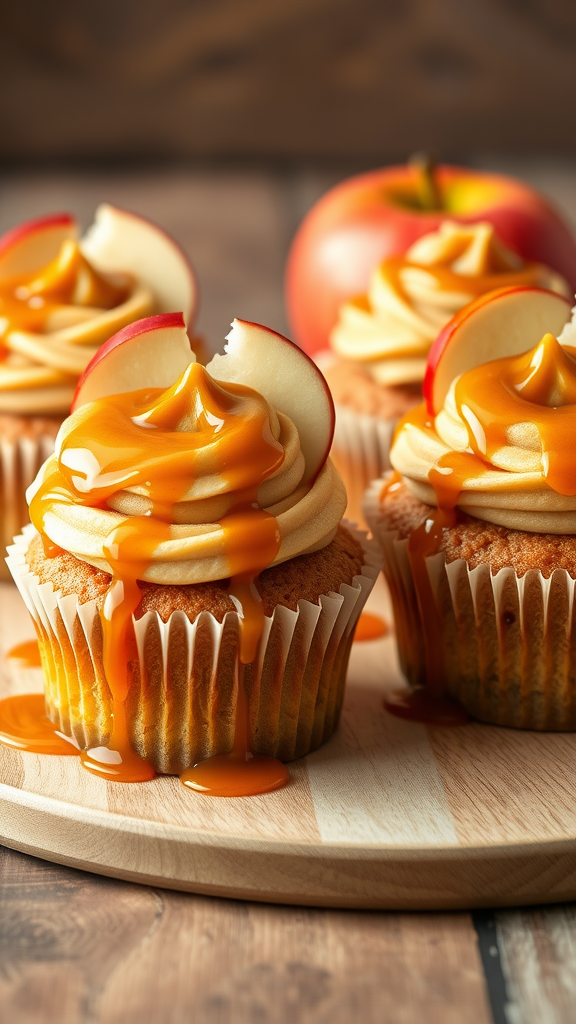 Delicious caramel apple cupcakes with slices of apple and caramel drizzle on top. Christmas Wedding Cakes and Cupcakes 