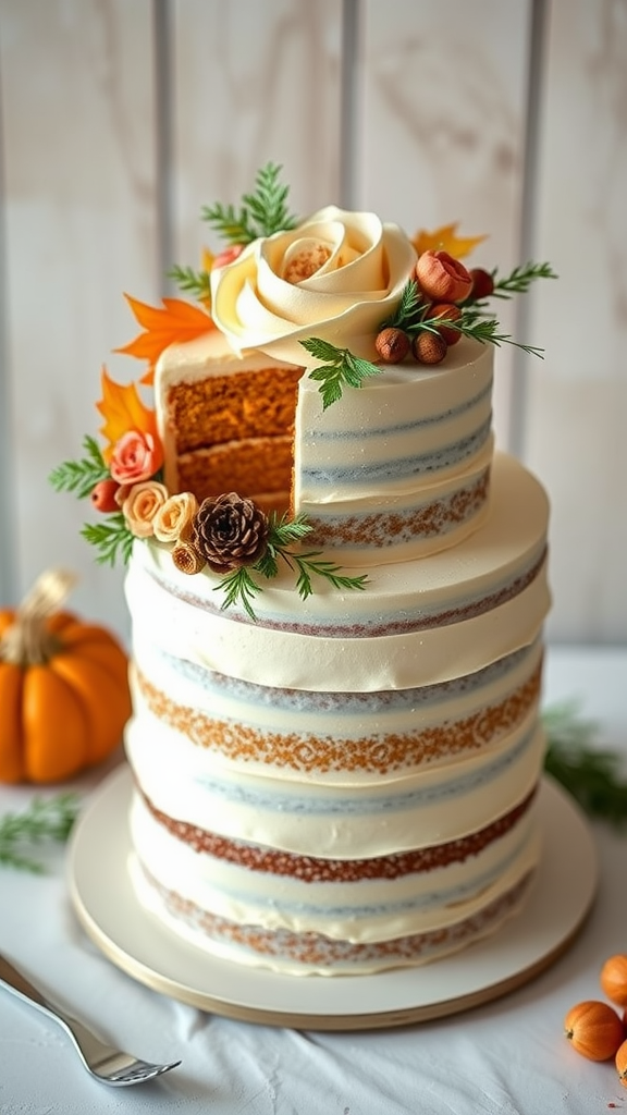 A beautifully decorated carrot cake with cream cheese frosting, topped with flowers and autumn leaves.