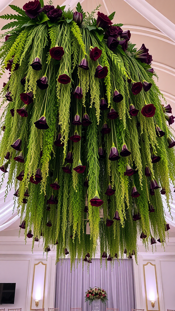 A large hanging installation of greenery and dark purple flowers, perfect for event decoration.