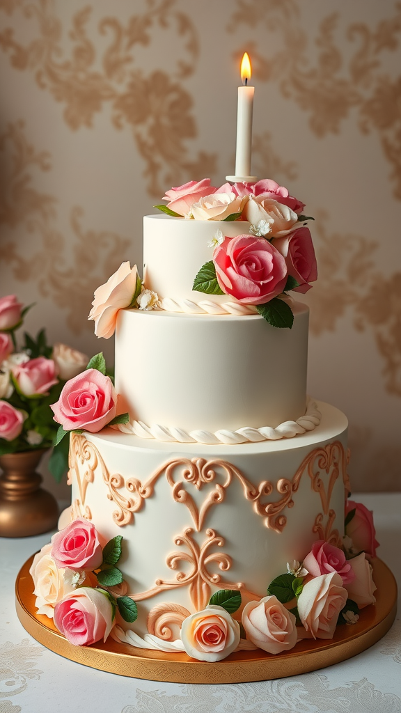 A beautifully decorated Rococo cake with roses and a candle on top, perfect for celebrating anniversaries.