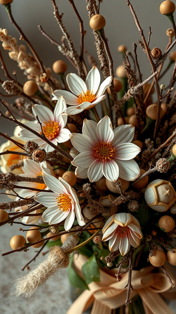 A bouquet featuring white flowers with yellow centers, twigs, and natural elements, showcasing earthy textures. Earth Tone Wedding Bouquets