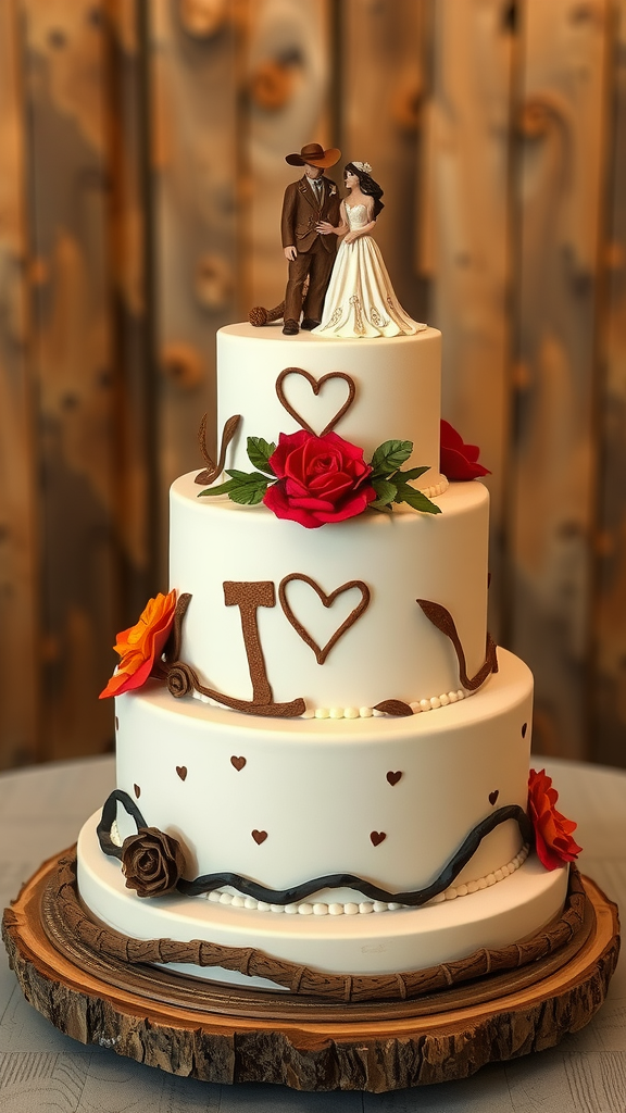 A beautifully decorated cowboy wedding cake featuring a cowboy and bride figurine on top, adorned with roses and heart motifs.