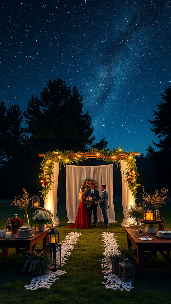 A couple exchanging vows under a starry sky at a beautifully decorated outdoor wedding ceremony.