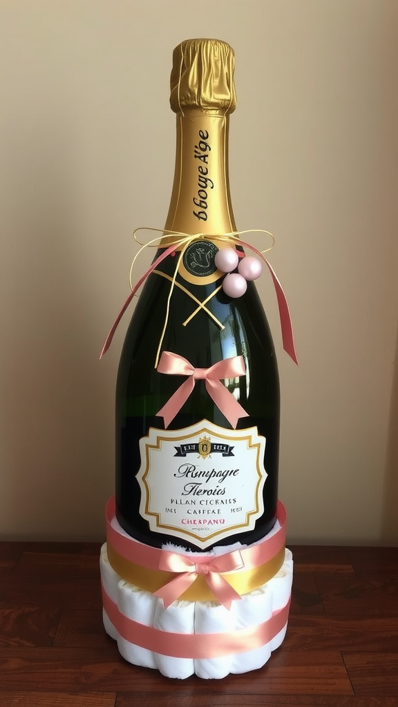 Champagne bottle diaper cake made from diapers, decorated with ribbons and bows.