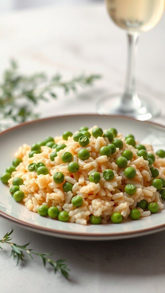 A plate of creamy champagne risotto with vibrant green peas.