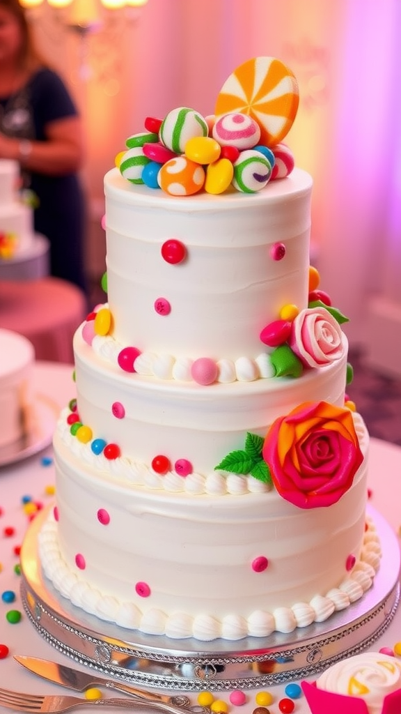 A visually appealing two-tier wedding cake decorated with colorful candies and flowers.