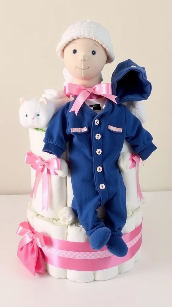 A charming onesie diaper cake featuring a doll in a blue onesie, surrounded by stuffed animals and decorated with pink ribbons.