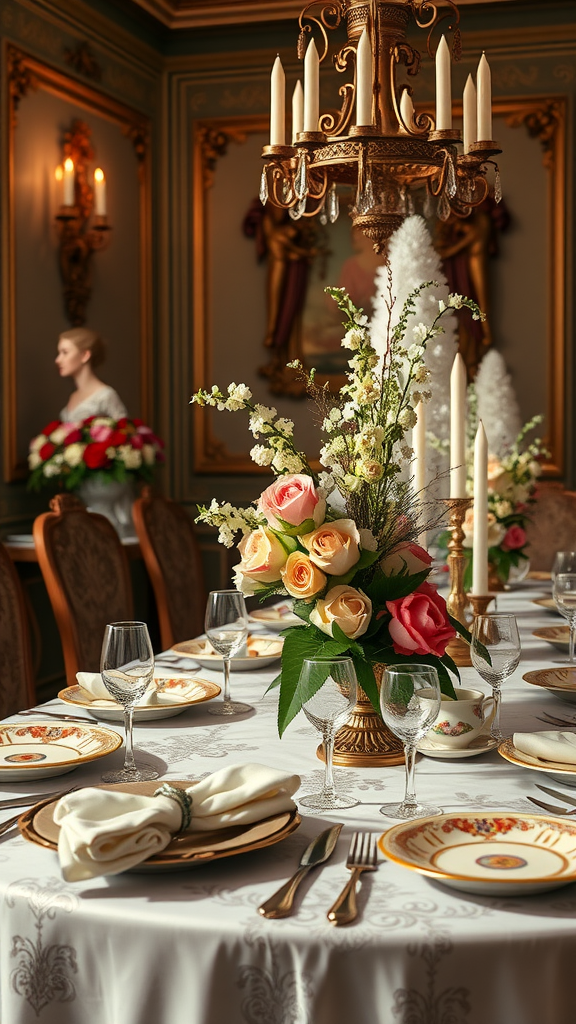 A beautifully set table for a Rococo wedding, featuring elegant tableware, floral centerpieces, and soft candlelight.