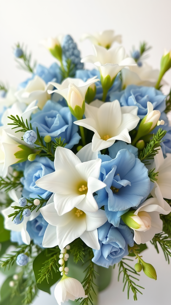 A beautiful floral arrangement featuring blue and white flowers, including roses and lilies, perfect for winter decor.