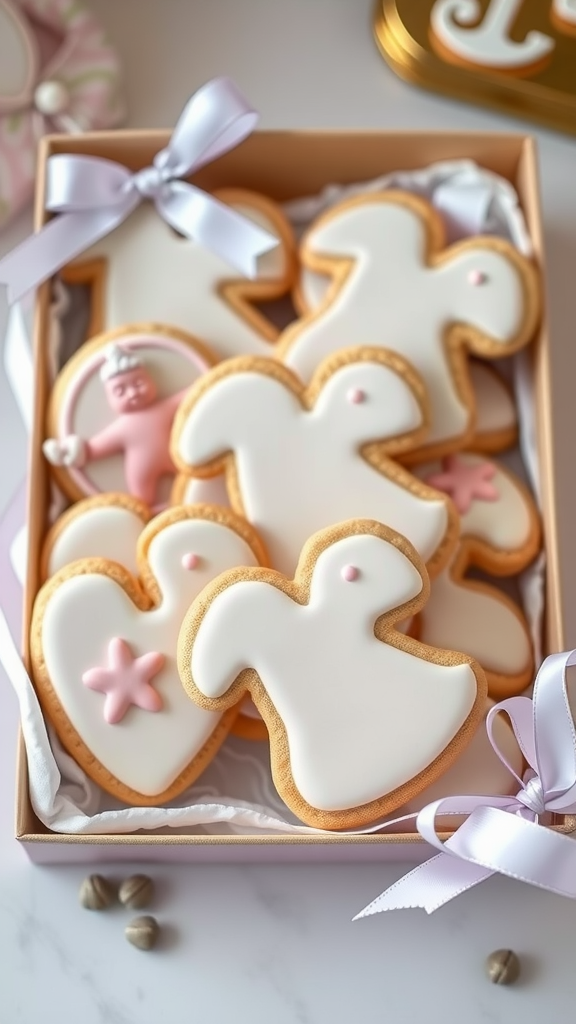 15 Adorable Valentine Baby Shower Sugar Cookies A box of beautifully decorated sugar cookies in various shapes for a baby shower. Valentine Baby Shower Sugar Cookies