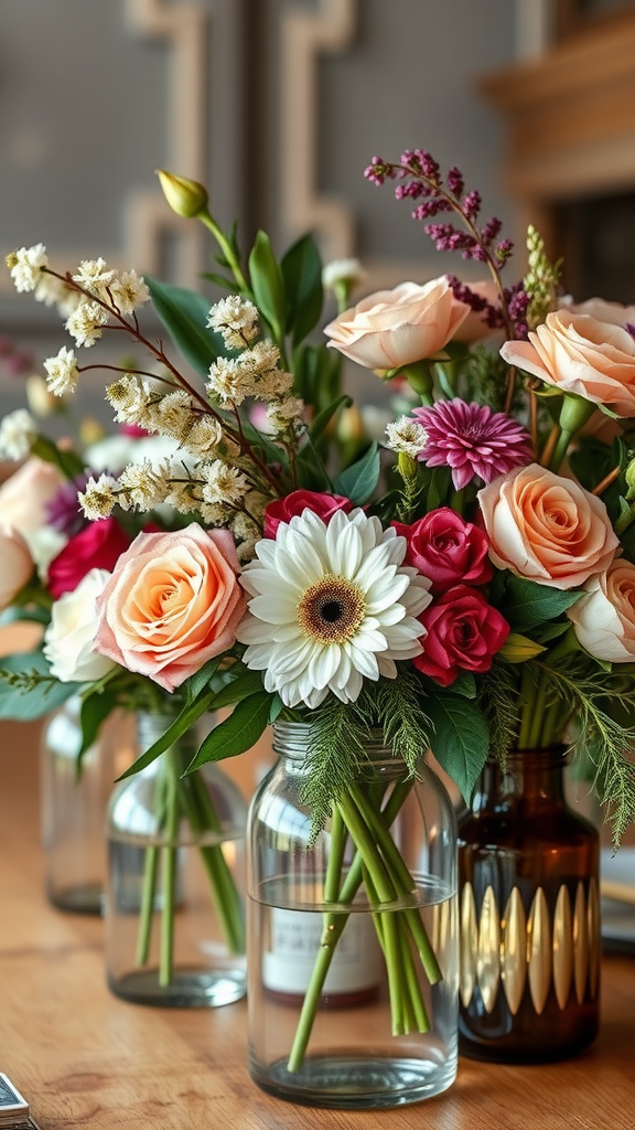 Colorful floral arrangements in glass jars on a wooden table