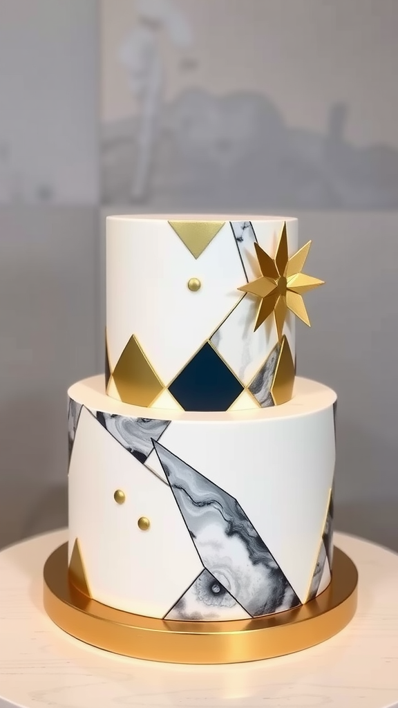 A two-tier wedding cake with geometric patterns in white, black, and gold accents