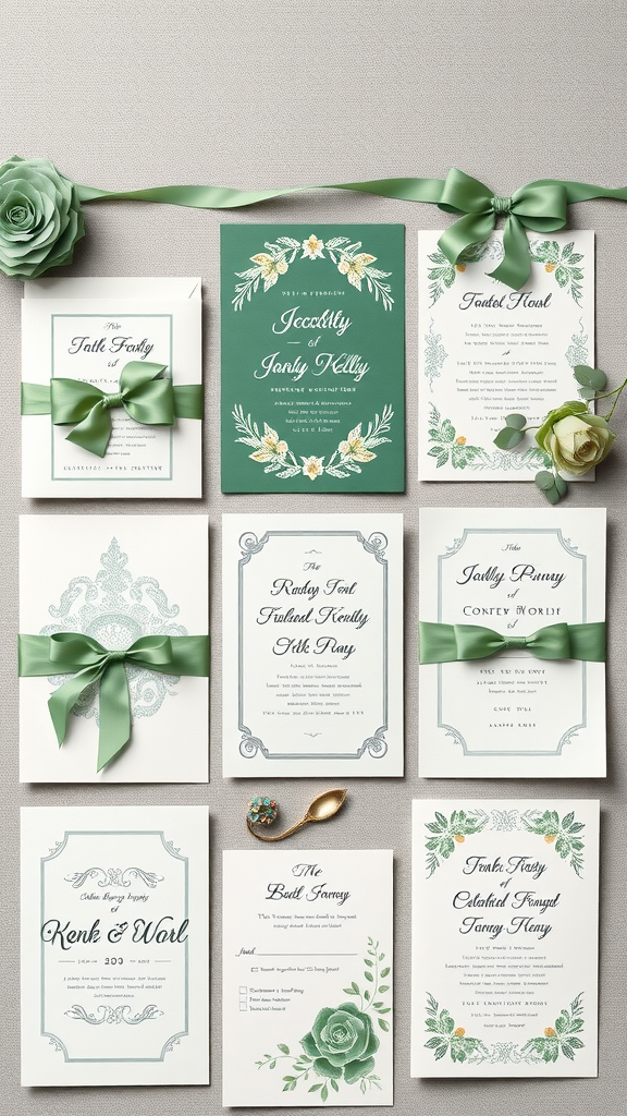 25 Enchanting Sage Green Wedding Ideas to Inspire Your Big Day An array of chic sage green wedding invitations with floral designs and ribbons.
