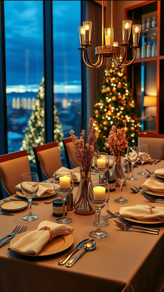 Chic dinner table setting with candles and decorations, overlooking a night view. adults New Year's Eve Party Ideas