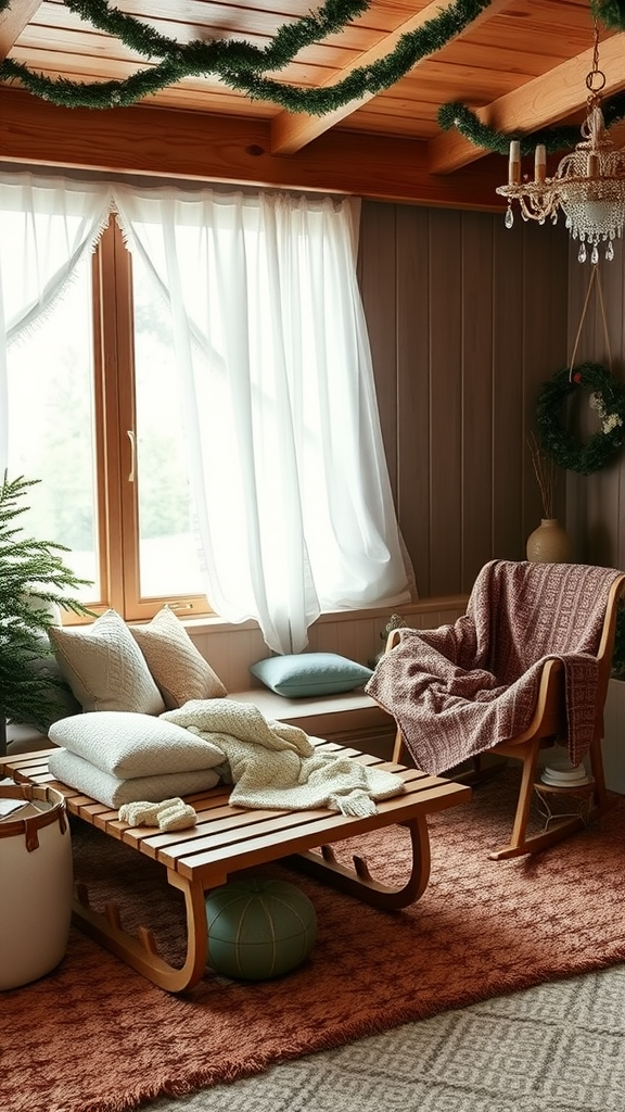 Cozy indoor space with a sled-style coffee table, pillows, blankets, and a warm atmosphere