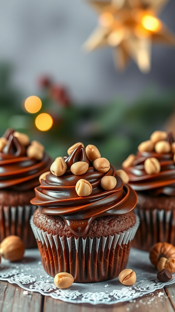 Chocolate hazelnut cupcakes with chocolate frosting and hazelnut topping, set against a festive background