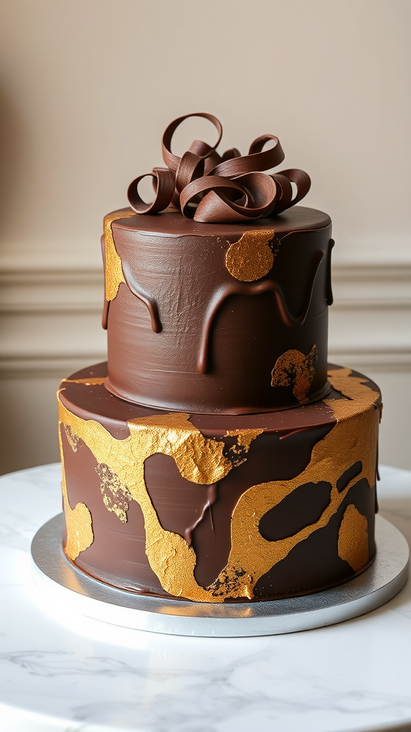 Two tier chocolate wedding cake adorned with gold leaf and chocolate ribbon