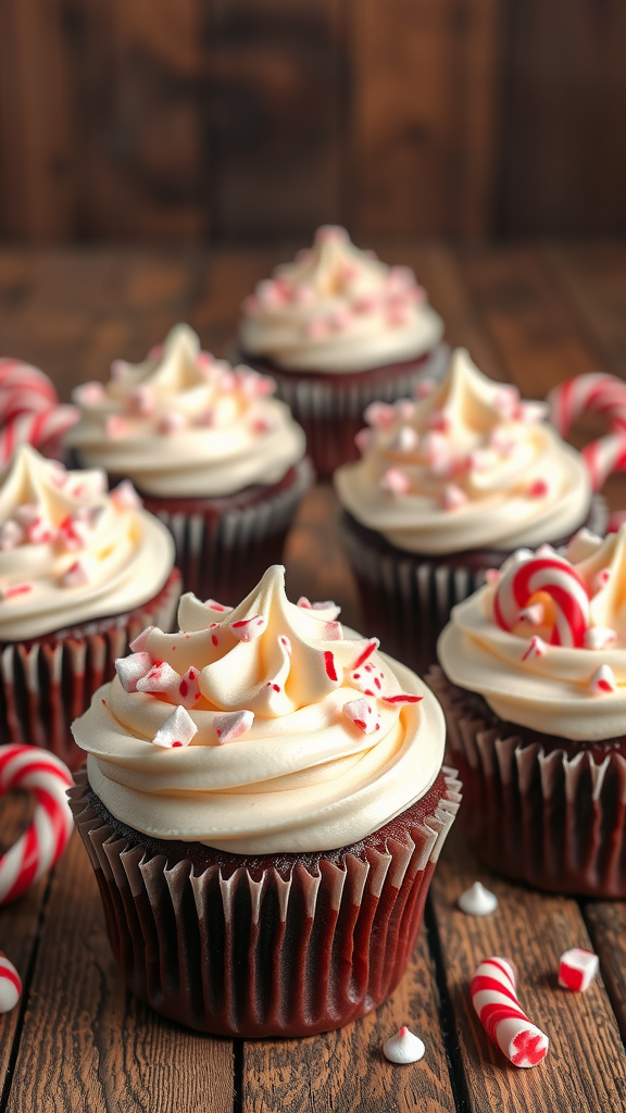 A close-up view of chocolate peppermint cupcakes with creamy frosting and crushed candy canes on top, set against a rustic wooden background.