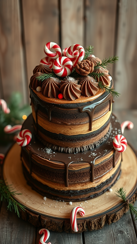A beautifully decorated two-tier chocolate cake adorned with peppermint candies, chocolate frosting, and festive decorations.