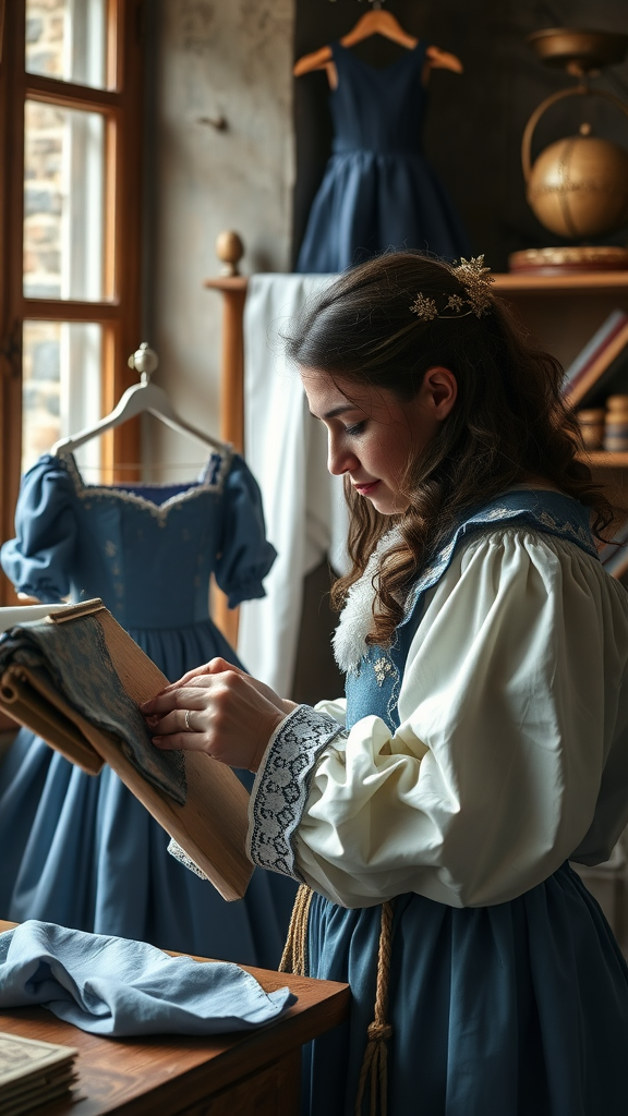 A woman examining fabric in a room with blue medieval wedding dresses hanging in the background.