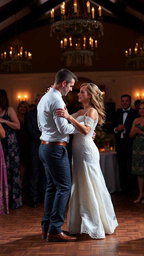 A couple dancing together at a wedding reception, surrounded by guests enjoying the celebration.