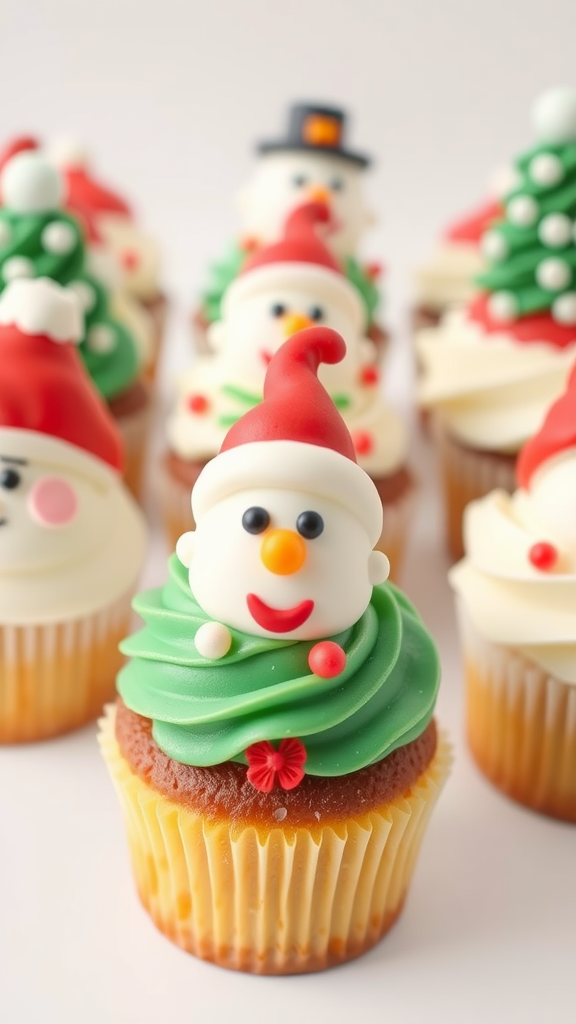Christmas themed cupcakes featuring snowmen and Christmas trees with colorful frosting. Christmas Wedding Cakes and Cupcakes 