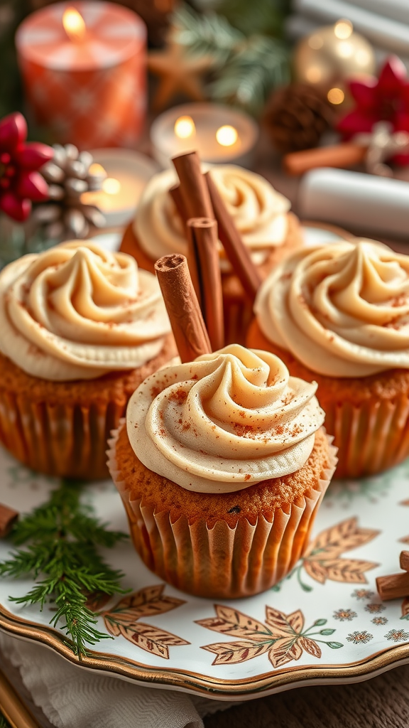 A close-up of cinnamon sugar cupcakes with creamy frosting, topped with cinnamon sticks, set against a festive background of candles and holiday decorations. Christmas Wedding Cakes and Cupcakes 
