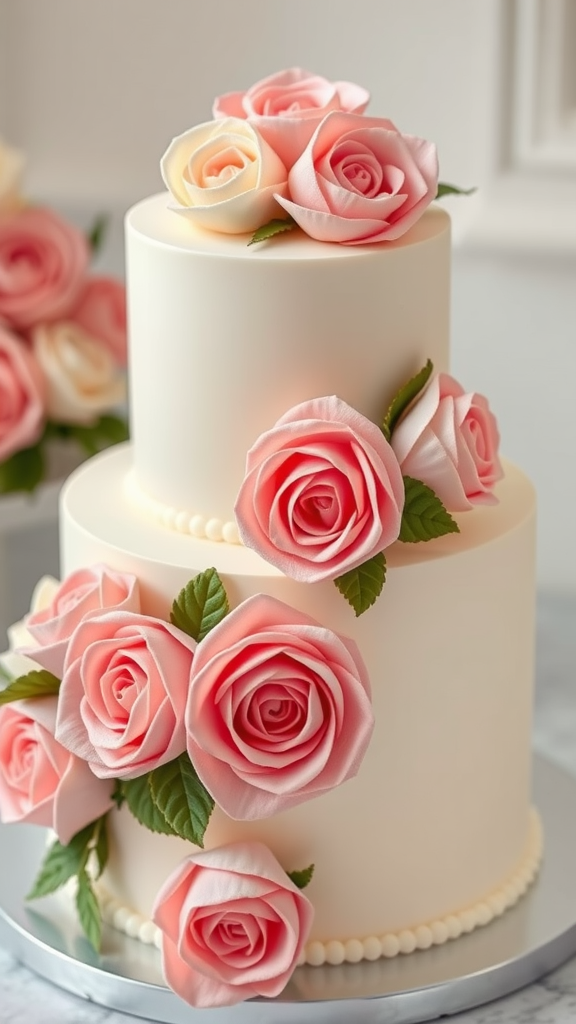 A beautifully decorated two tier wedding cake featuring classic buttercream roses in soft pink and ivory colors.