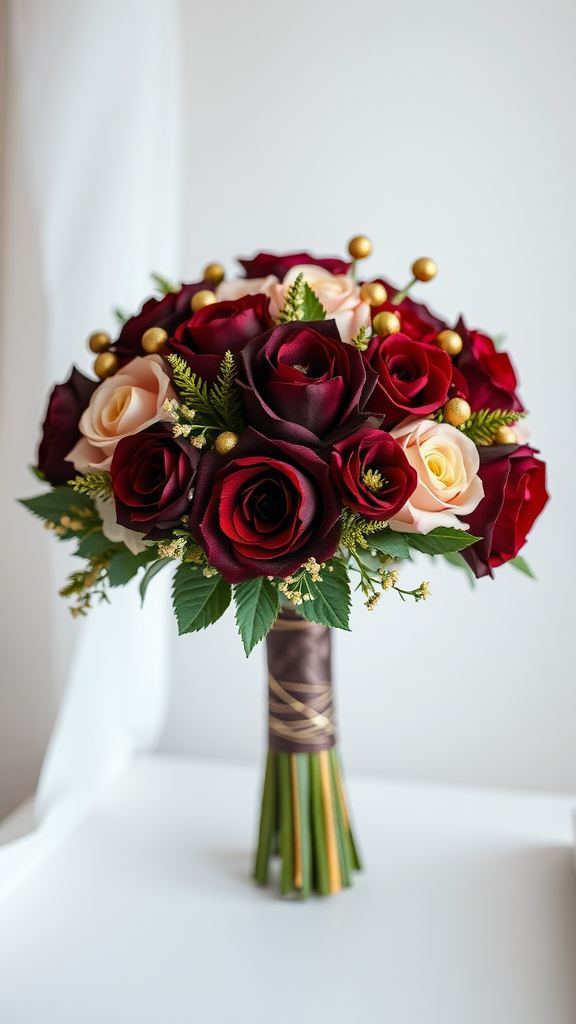 A maroon and gold wedding bouquet featuring deep red and cream roses with golden accents.