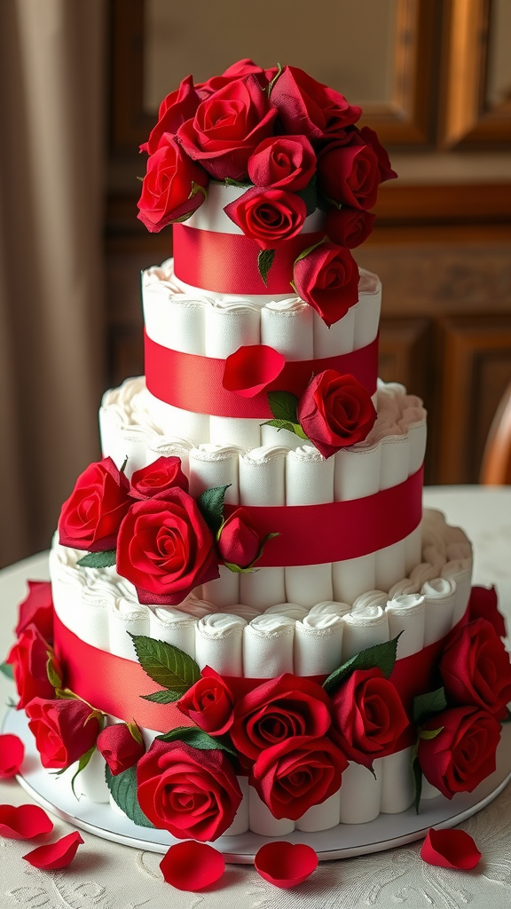A beautifully arranged diaper cake decorated with red roses and ribbons.