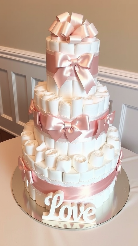 A tiered diaper cake decorated with white diapers and pink ribbons, featuring a 'Love' sign.