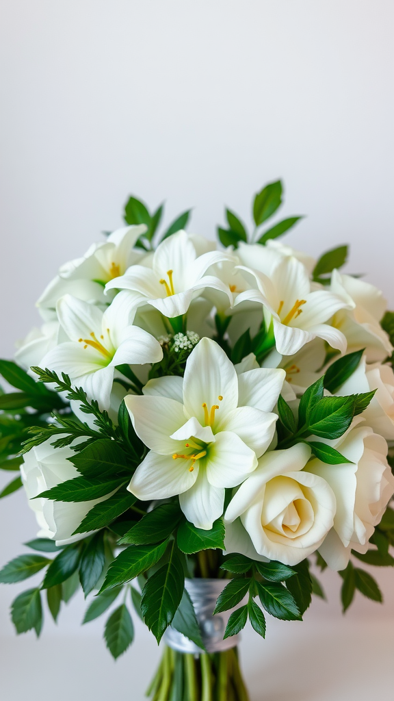 A classic white and green wedding bouquet featuring lilies and roses.