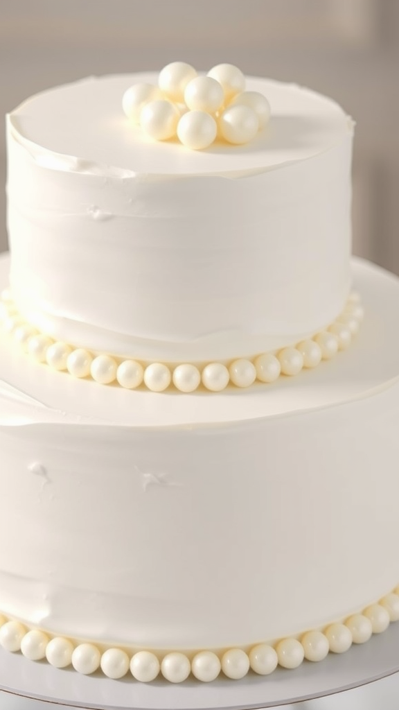 Two tier wedding cake with classic white frosting and pearl decorations