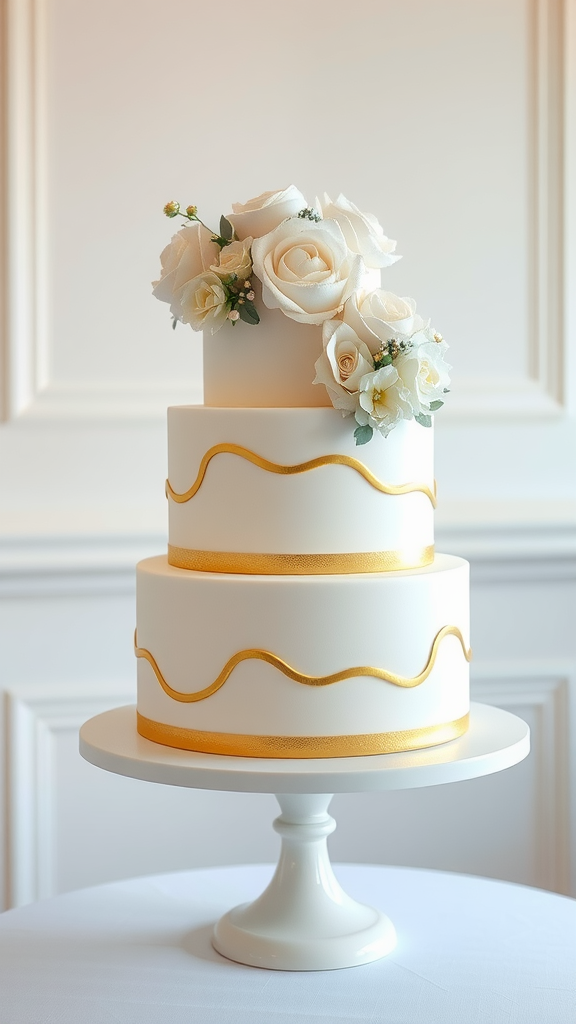 A classic white wedding cake with gold accents and floral decorations at the base.