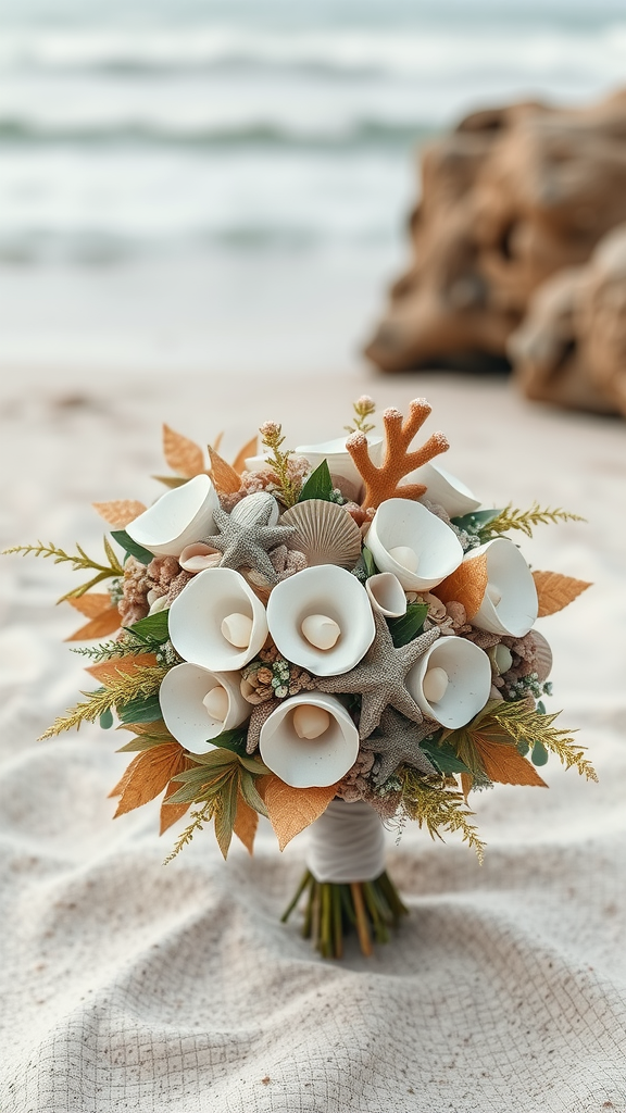 A beautiful wedding bouquet featuring calla lilies, shells, and earthy tones, set against a beach background. Earth Tone Wedding Bouquets
