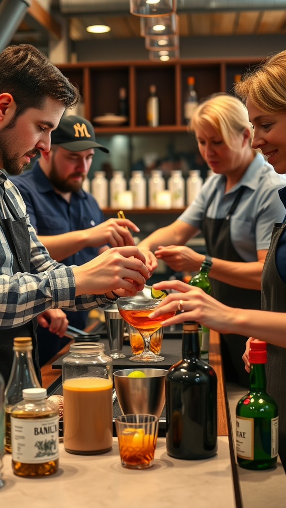 People participating in a cocktail making workshop, mixing drinks and having fun.