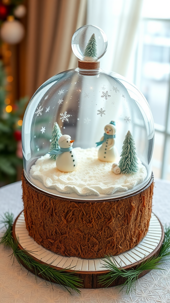 Coconut Snow Globe Cake with snowmen and trees inside a glass dome