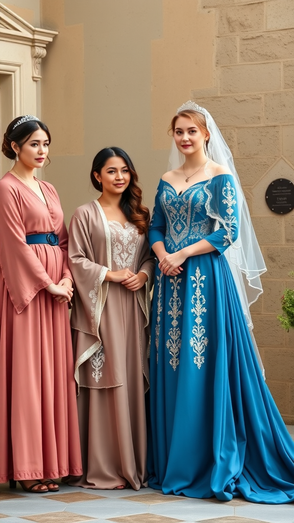 Three bridesmaids dressed in complementary colors with a bride in a blue medieval wedding dress
