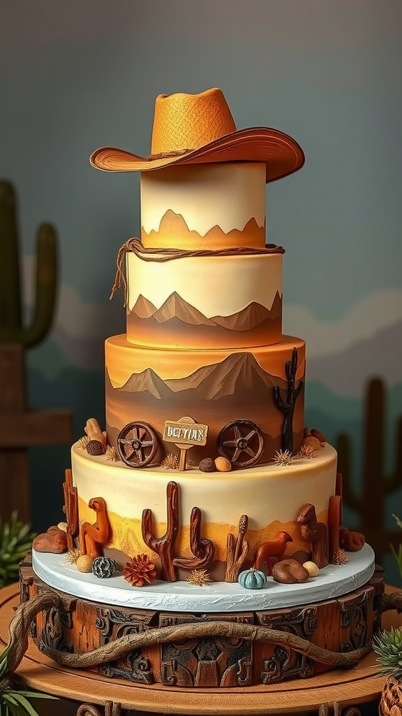 A multi-tiered cowboy wedding cake with a cowboy hat on top, decorated with cacti, mountains, and rustic details.