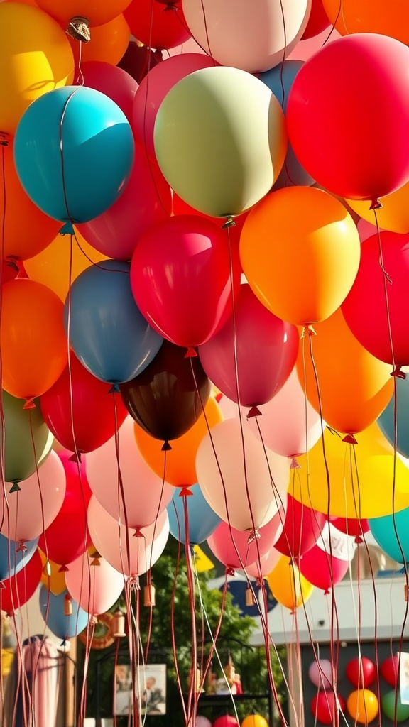 A vibrant display of colorful balloons in various shades, creating a festive atmosphere.