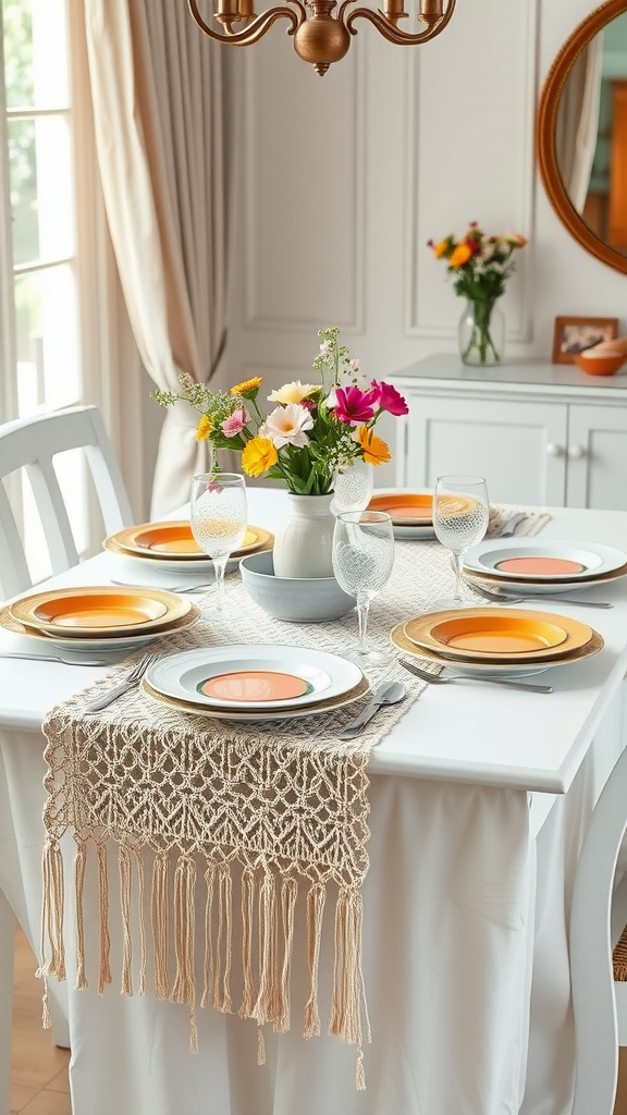 A beautifully set table with macrame runner, colorful plates, and fresh flowers for a boho 50th birthday party.