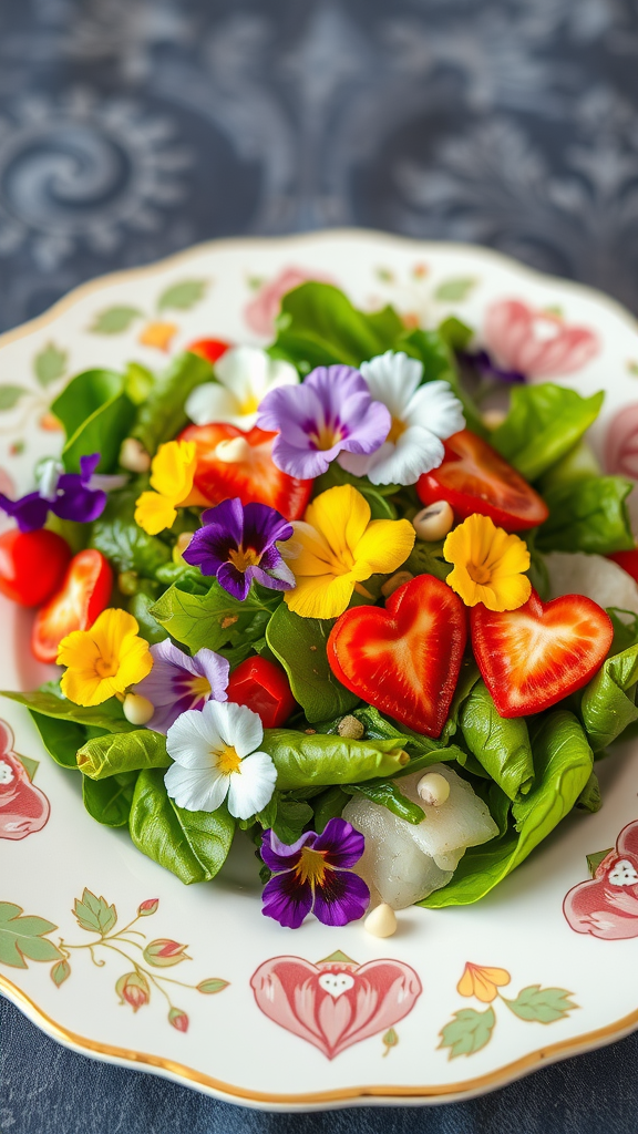 A vibrant salad featuring fresh greens, sliced tomatoes, and various colorful edible flowers on a decorative plate. Valentine Lunch