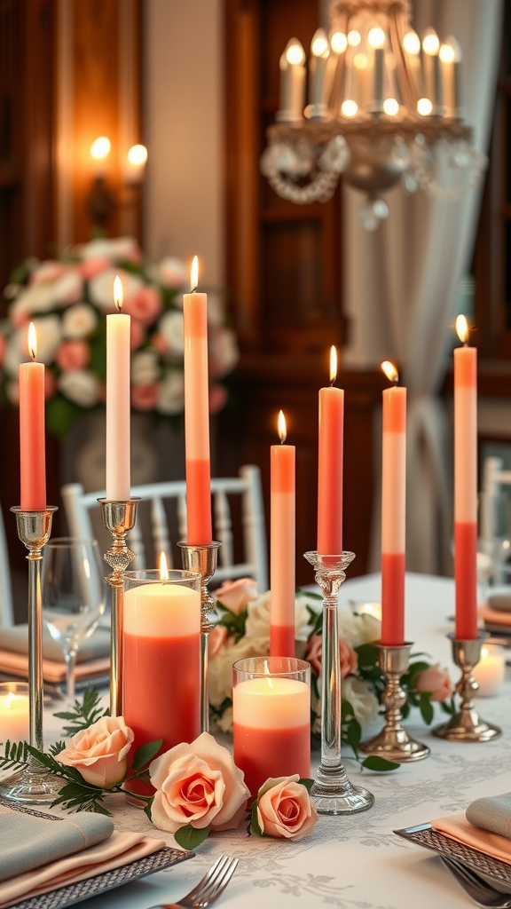 A table set with coral-dipped candles and pink roses, creating a warm and romantic wedding setting.