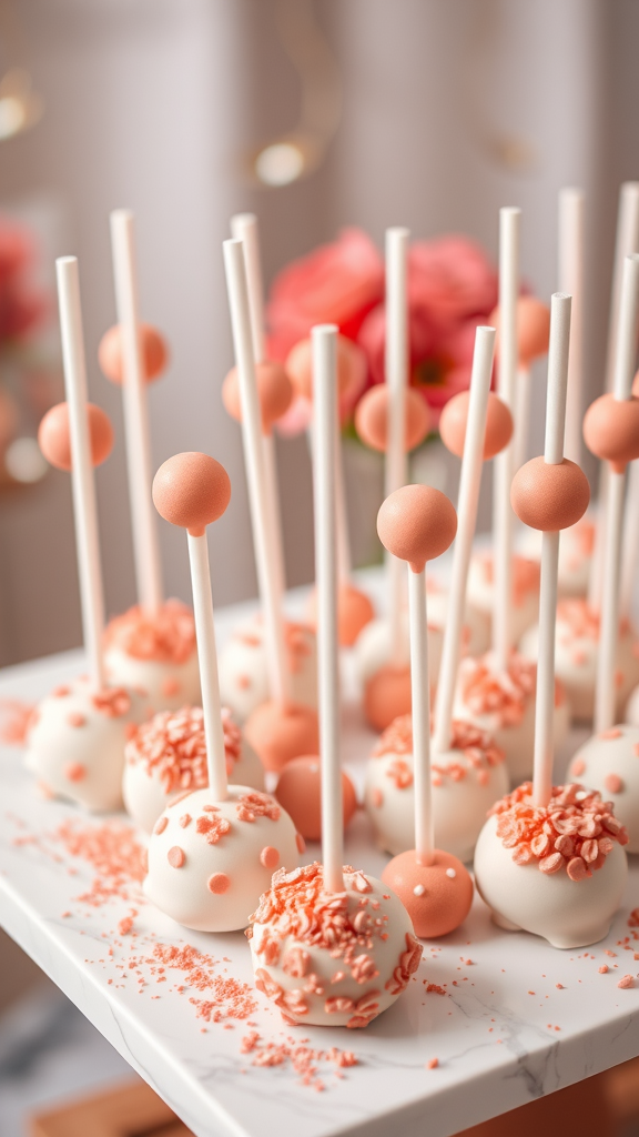 A display of coral-themed cake pops decorated with various coral shades and sprinkles.