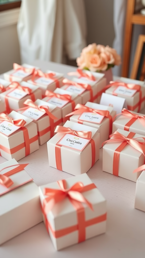White gift boxes with coral ribbons arranged for wedding favors.